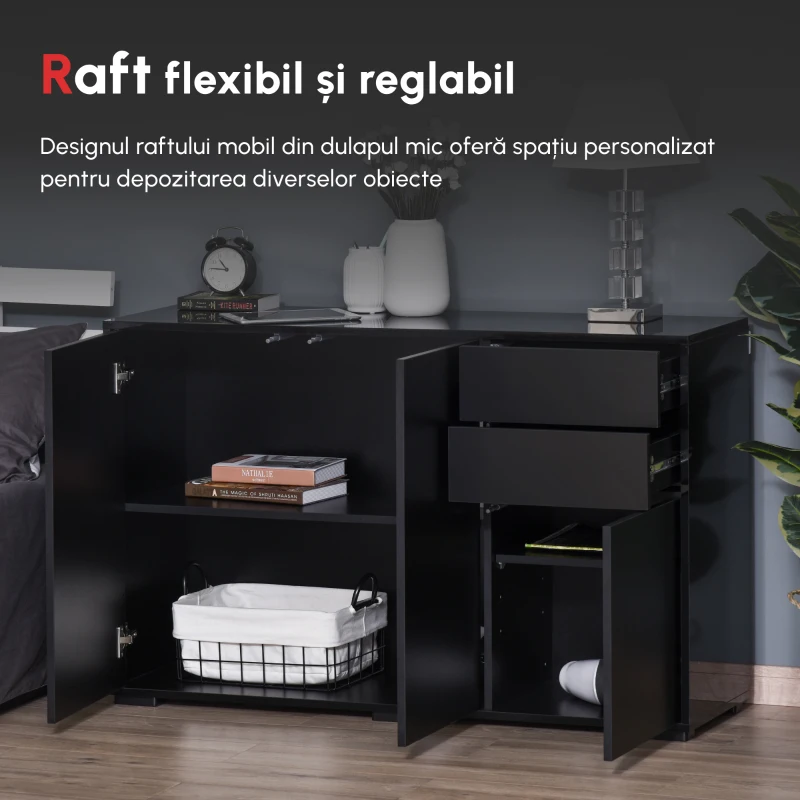 Dulap multifunctional negru HOMCOM cu 2 sertare si 2 dulapuri cu apasare, 117x36x74cm