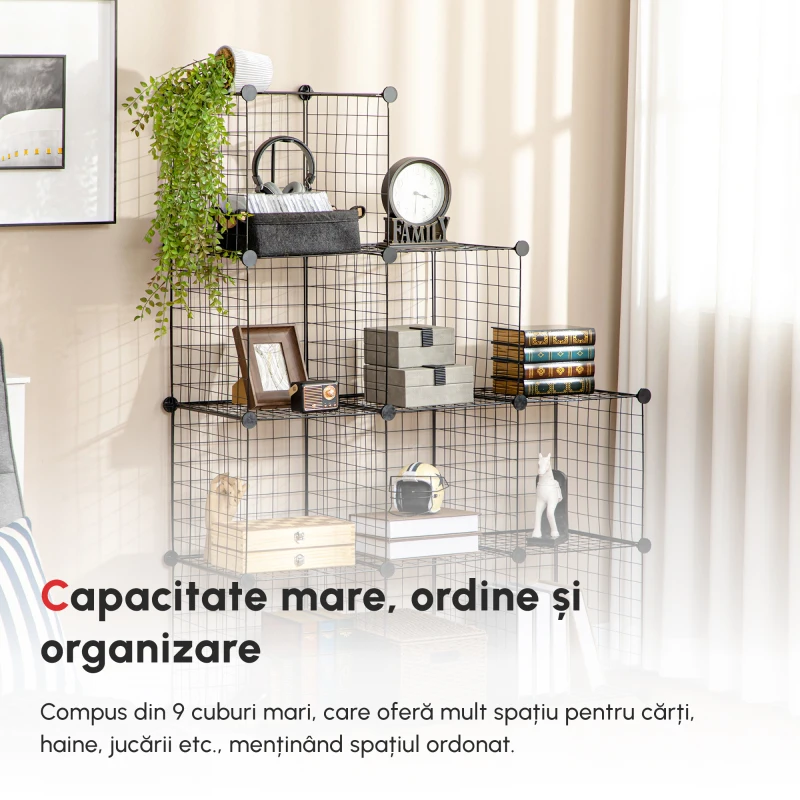 HOMCOM Biblioteca cu economie de spatiu pentru jucarii, haine, 9 cuburi din otel si PP, 35x35x35 cm, negru