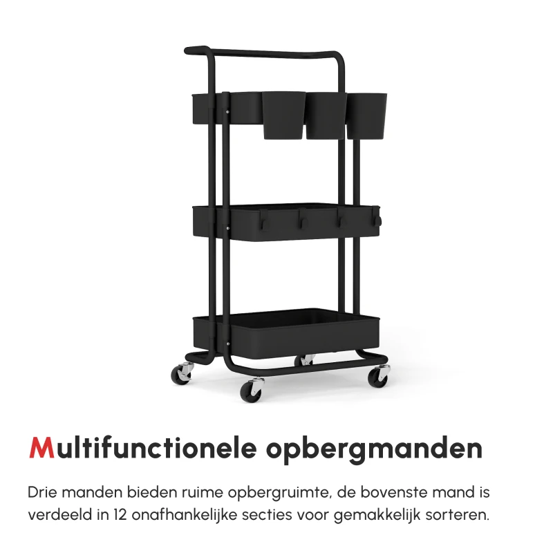 HOMCOM Rolwagen met 3 Etagen, Opbergmanden, Haken, Bijzettafel voor Keuken of Woonkamer, Staal, Kunststof, Zwart