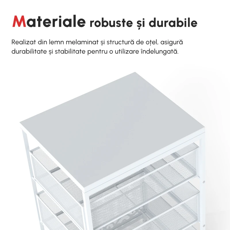 HOMCOM Cărucior de Depozitare pe Roți, Cărucior Utilitar Rulant cu 3 Tăvițe de Plasă pentru Camera de Zi, 34x29,5x57,5 cm, Alb