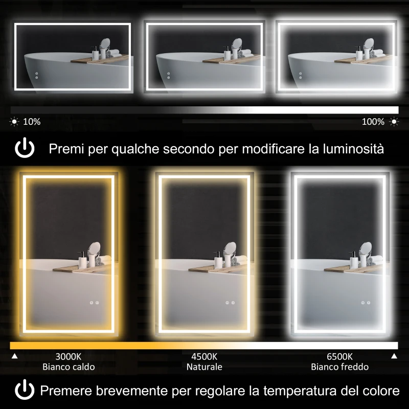 HOMCOM Specchio per Bagno con Luci LED Regolabili a 3 Colori e Strato Antiurto, in Vetro e Metallo, 100x3x60 cm