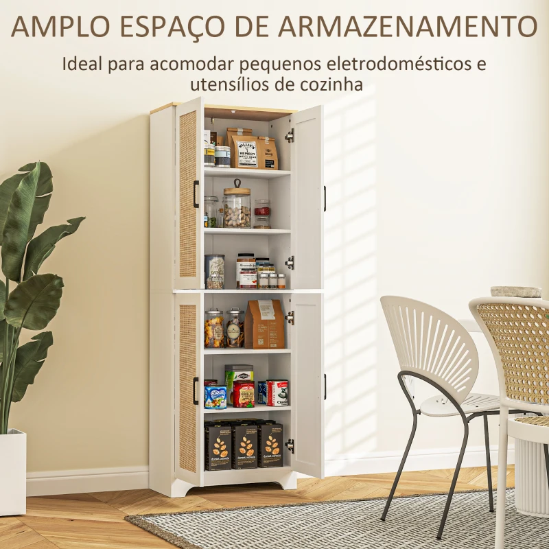 HOMCOM Armário de Cozinha com Prateleiras Ajustáveis Portas em Vime e Sistema Anti-Tombo 60x30x170 com Branco