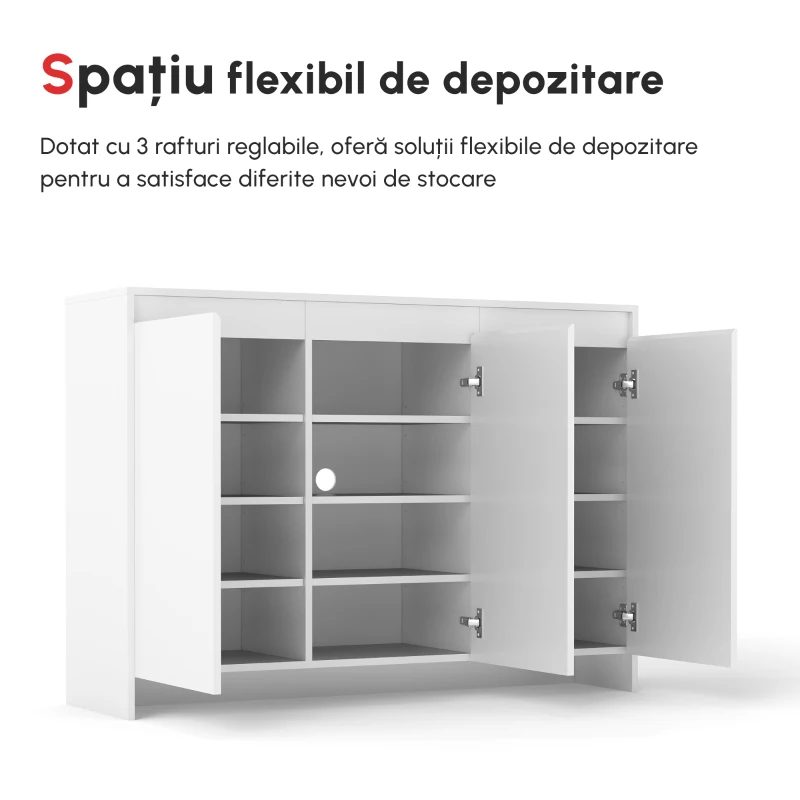 HOMCOM Bufet Modern cu 12 Rafturi Interioare  din PAL pentru Bucatarie, Sufragerie si Hol, 120x35x85 cm, Alb