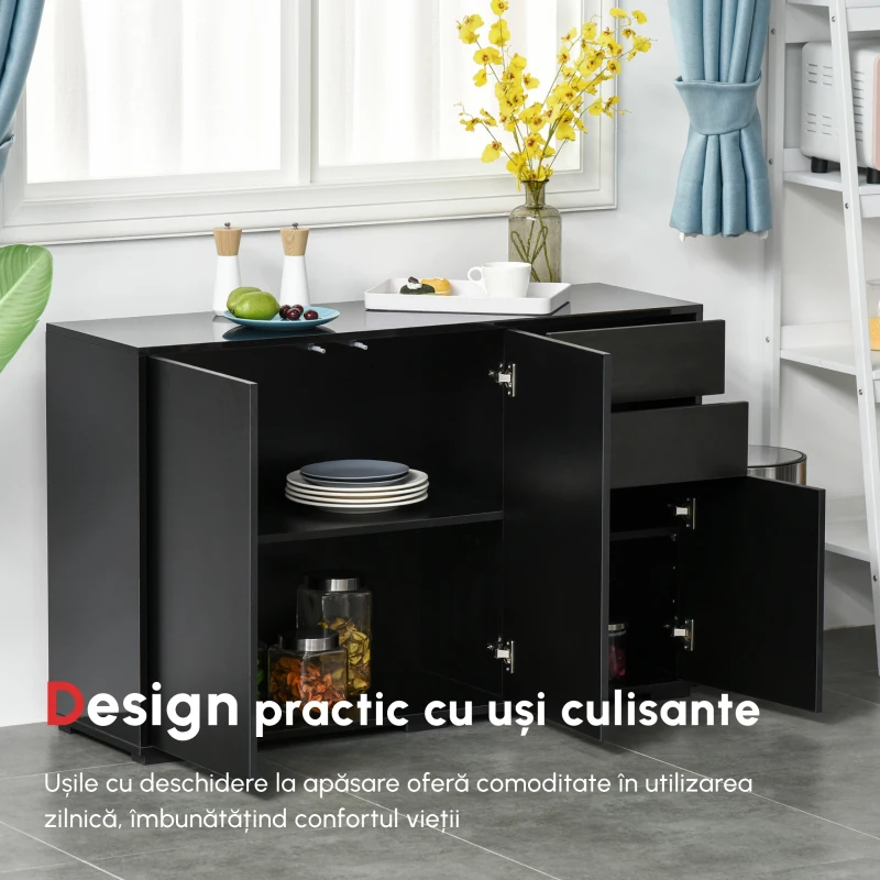 Dulap multifunctional negru HOMCOM cu 2 sertare si 2 dulapuri cu apasare, 117x36x74cm