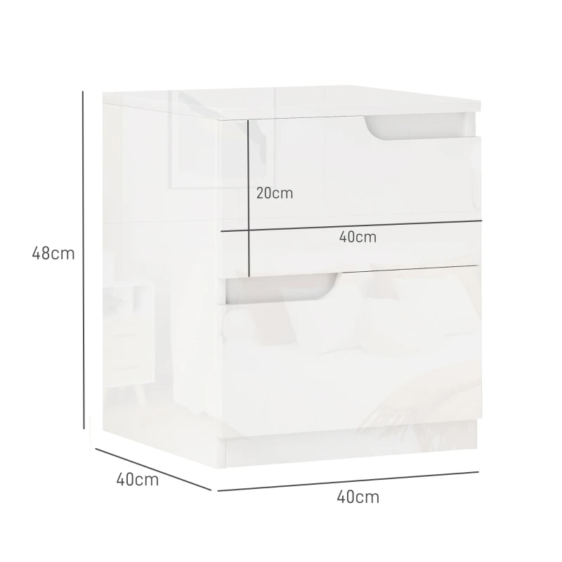 HOMCOM Noptieră Modernă cu 2 Sertare și Design Lucios, Noptieră pentru Dormitor din PAL, 40x40x48 cm, Alb Lucios