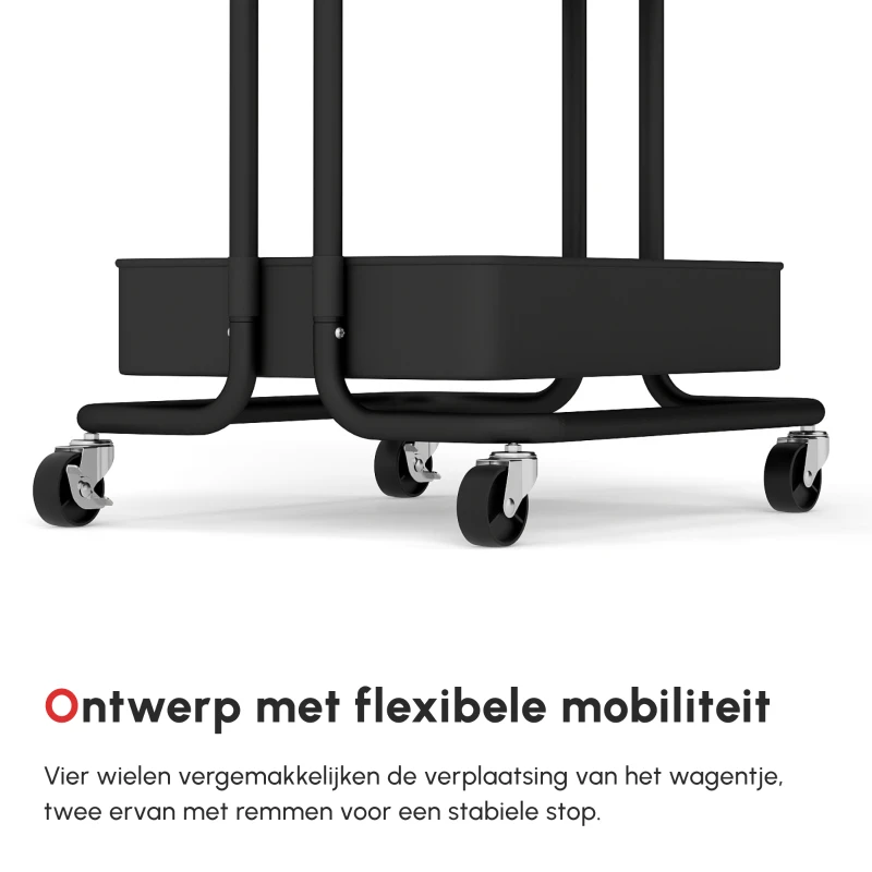 HOMCOM Rolwagen met 3 Etagen, Opbergmanden, Haken, Bijzettafel voor Keuken of Woonkamer, Staal, Kunststof, Zwart