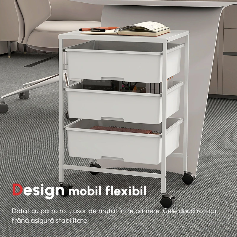 HOMCOM Cărucior Multifuncțional cu 3 Coșuri și Roți, Cărucior pentru Bucătărie și Birou din Oțel și Plastic, 40.8x33.5x60.5 cm, Alb