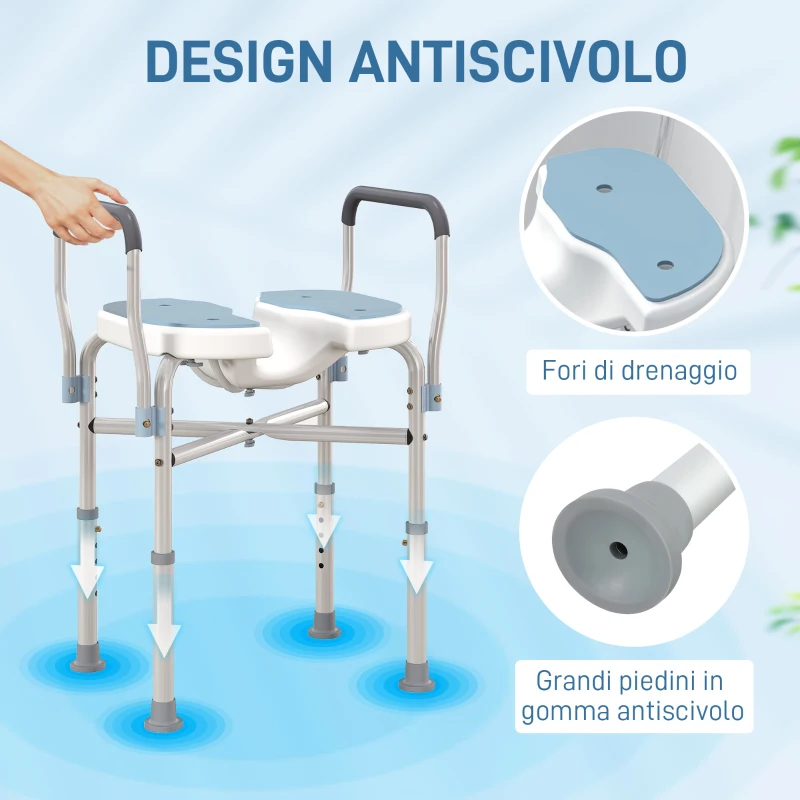 HOMCOM Sgabello da Doccia con Seduta Scanalata e Braccioli, Altezza Regolabile e Piedini Antiscivolo, Azzurro
