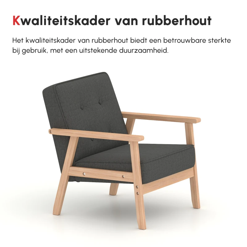 HOMCOM® eenpersoonsbank loungestoel gepolsterde stoel met armleuningen houten frame linnen grijs 64,5 x 70 x 70 cm