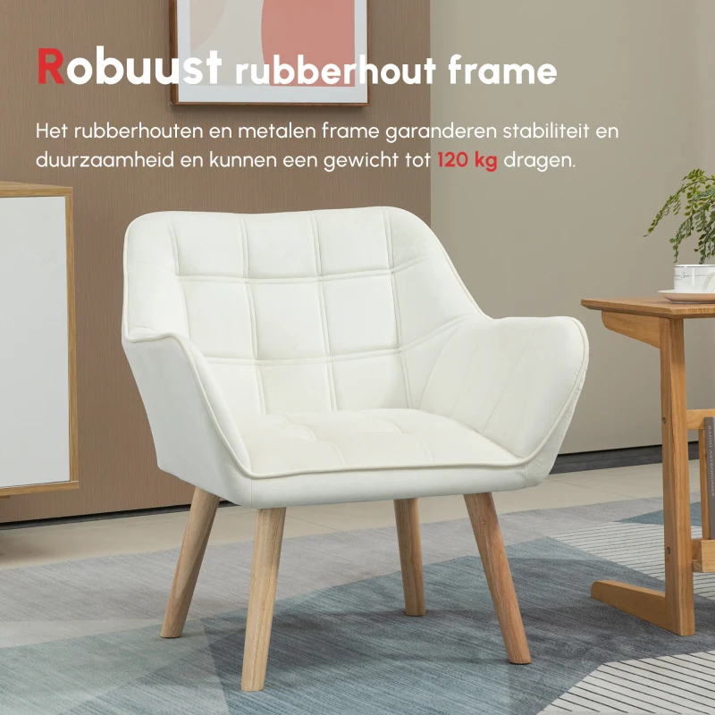 HOMCOM Gestoffeerde Accentstoel, Scandinavisch Design, Samtoptiek, tot 120 kg, Rubberhout Poten, Crème