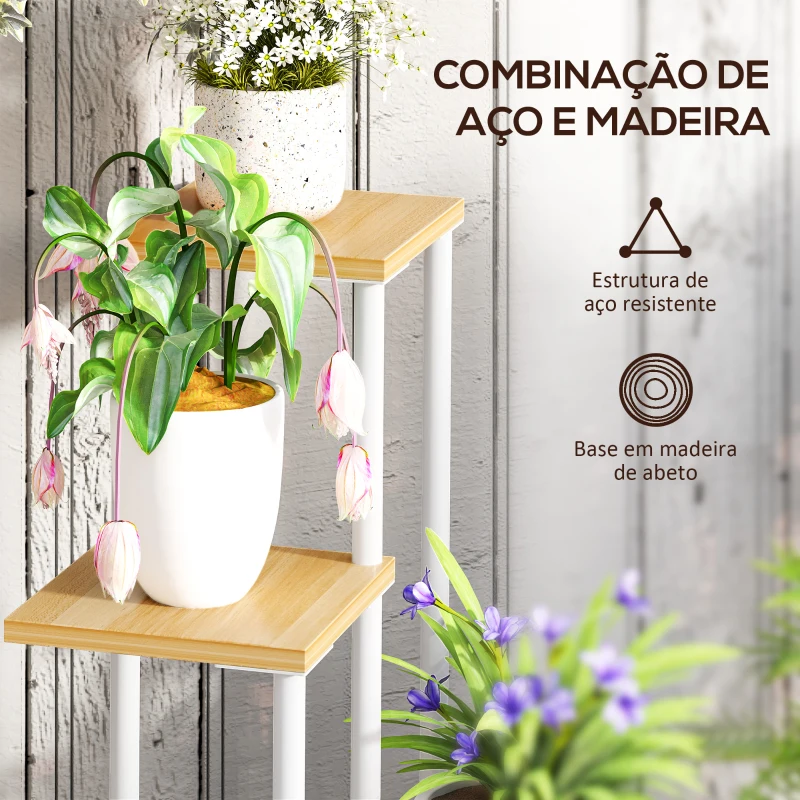 Outsunny Suporte para Plantas de 4 Níveis de Madeira e Aço para Interior e Exterior 53x42x85 cm Madeira e Branco