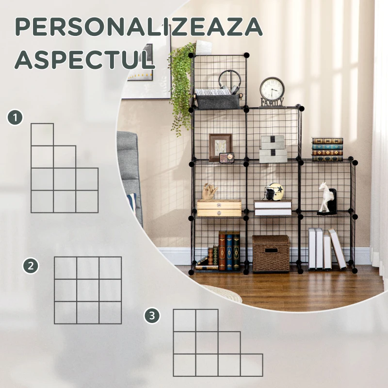 HOMCOM Biblioteca cu economie de spatiu pentru jucarii, haine, 9 cuburi din otel si PP, 35x35x35 cm, negru