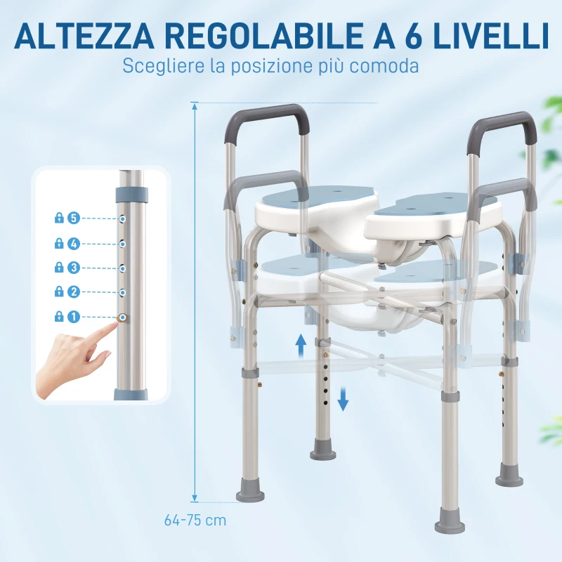 HOMCOM Sgabello da Doccia con Seduta Scanalata e Braccioli, Altezza Regolabile e Piedini Antiscivolo, Azzurro