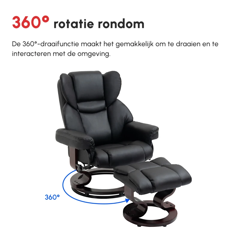 HOMCOM Fauteuil met kruk, ligfunctie, draaibaar, tot 160 kg, kunstleer, metalen frame, zwart, 80 x 79 x 100 cm