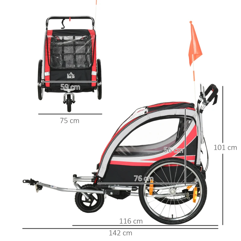 HOMCOM Child Bike Trailer 2 In 1 Baby Stroller 2-Seater Transport Carrier with Brake, 5 Point Harness, Storage Bag, Reflector, Flag, Red