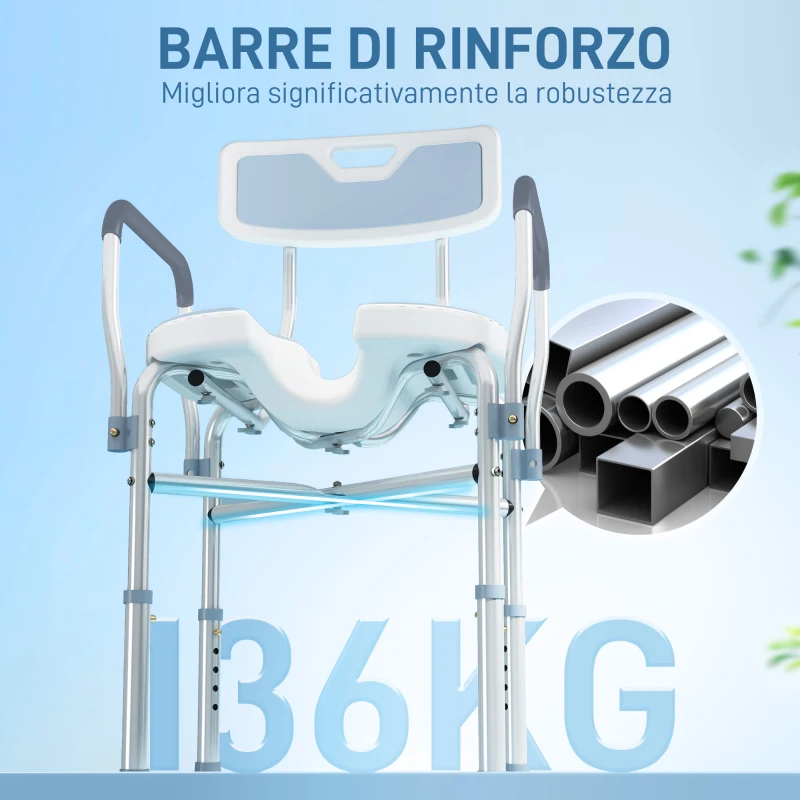 HOMCOM Sgabello da Doccia con Seduta Scanalata e Braccioli, Altezza Regolabile e Piedini Antiscivolo, Azzurro