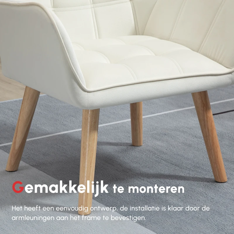 HOMCOM Gestoffeerde Accentstoel, Scandinavisch Design, Samtoptiek, tot 120 kg, Rubberhout Poten, Crème