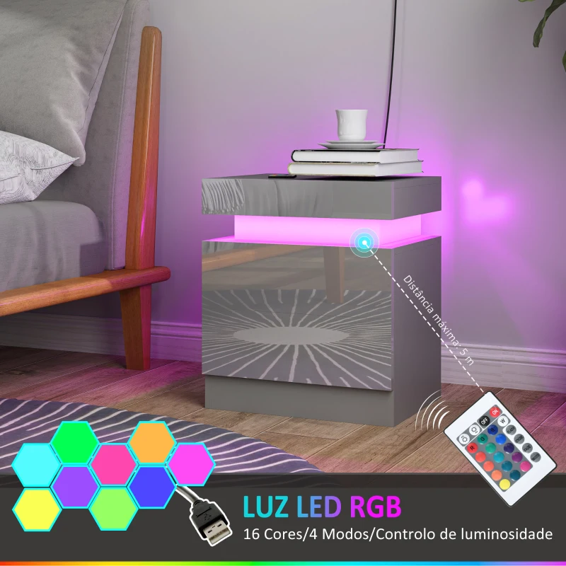 HOMCOM Mesa de Cabeceira com Luz LED Painel de Alto Brilho 2 Gavetas e Controlo Remoto para Dormitório 45x35x52 cm Cinzento