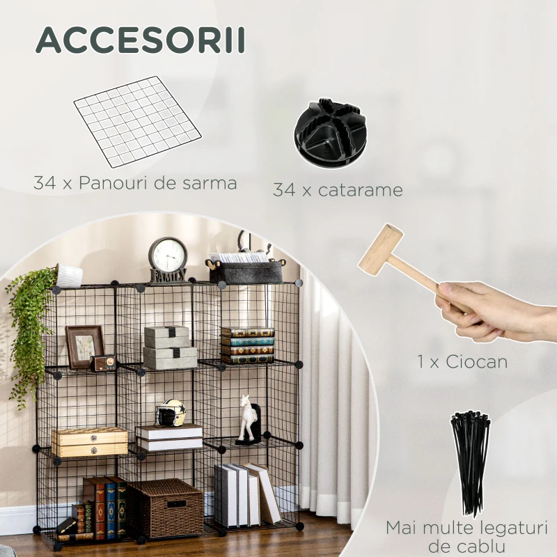 HOMCOM Biblioteca cu economie de spatiu pentru jucarii, haine, 9 cuburi din otel si PP, 35x35x35 cm, negru