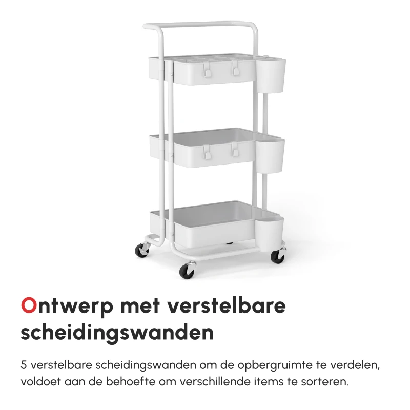HOMCOM Rolwagen, Serveerwagen, 3 Opbergmanden, 3 Hangende Dozen, 4 Haken, Metalen Frame, 42 x 38 x 86,5cm, Wit