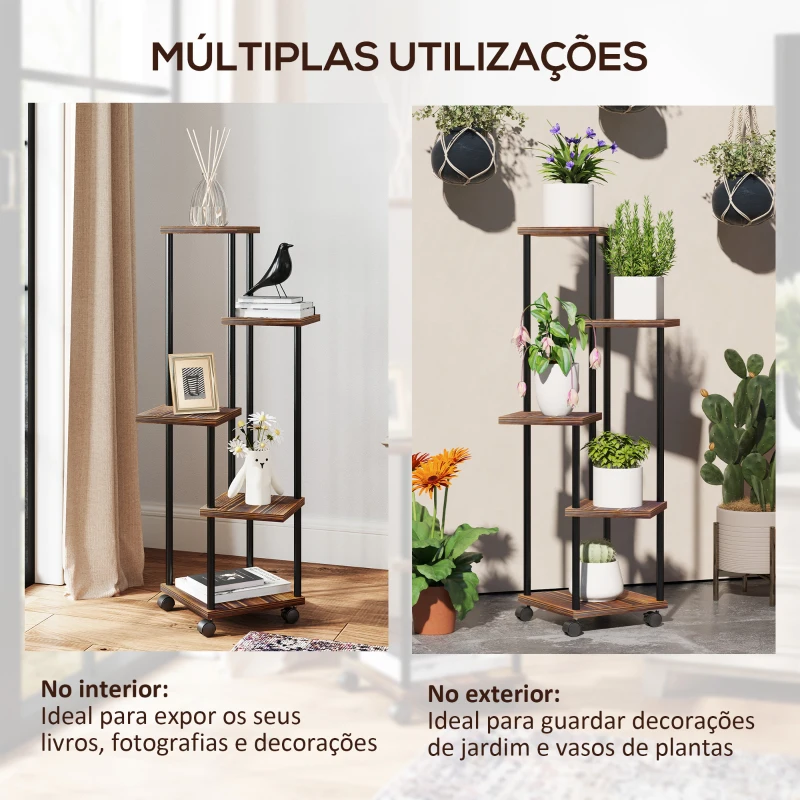 Outsunny Suporte para Plantas de Madeira e Aço com 5 Prateleiras e 4 Rodas Suporte para Plantas para Interior e Exterior 59x59x110 cm Madeira