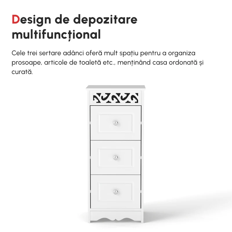 Homcom Comoda Baie Lemn Alb – Decor Floral Sculptat 30×30×68.5 cm