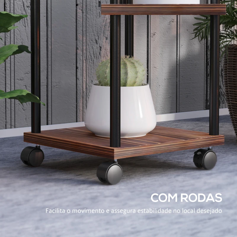 Outsunny Suporte para Plantas de Madeira e Aço com 5 Prateleiras e 4 Rodas Suporte para Plantas para Interior e Exterior 59x59x110 cm Madeira