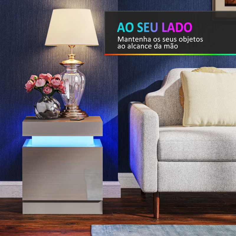 HOMCOM Mesa de Cabeceira com Luz LED Painel de Alto Brilho 2 Gavetas e Controlo Remoto para Dormitório 45x35x52 cm Cinzento