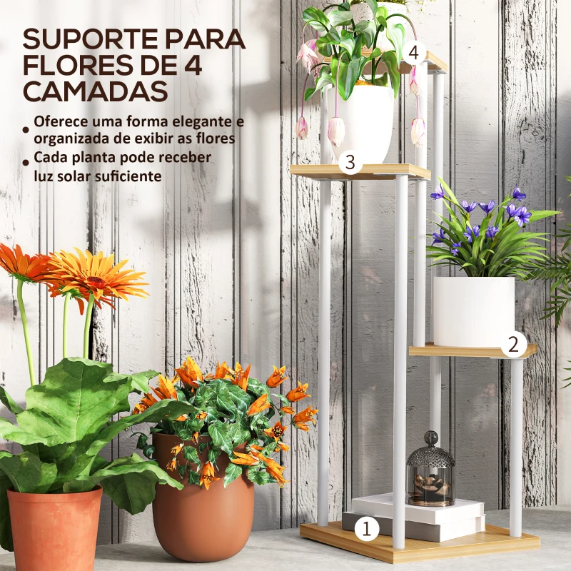 Outsunny Suporte para Plantas de 4 Níveis de Madeira e Aço para Interior e Exterior 53x42x85 cm Madeira e Branco