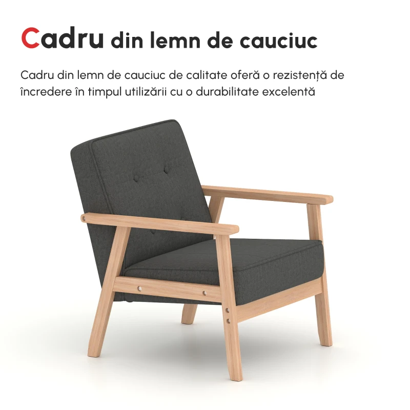 HOMCOM Fotoliu Vintage Stil Scandinav Moale și Confortabil Capitonat cu Butoni, 64,5x70x74 cm, Gri