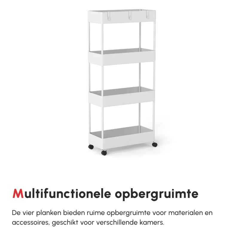 HOMCOM keukenwagen met 4 schappen, 3 flexibele haken, 4 wielen, 40 cm x 19 cm x 90 cm, wit