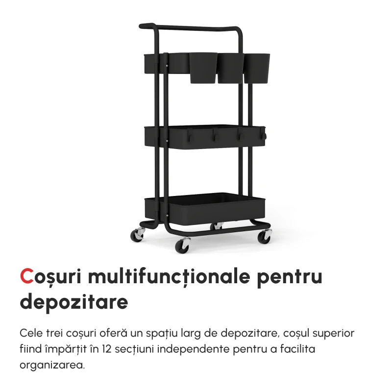 HOMCOM Cărucior de Bucătărie Multifuncțional cu 3 Nivele, Coșuri și Cârlige Detașabile, 42x38x86.5 cm, Negru