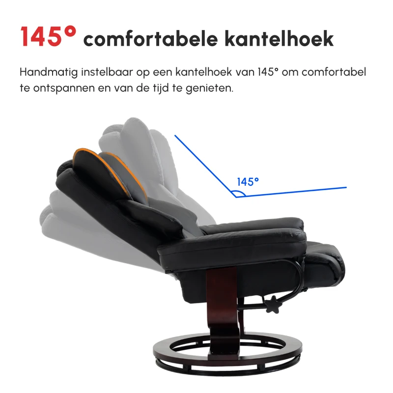 HOMCOM Fauteuil met kruk, ligfunctie, draaibaar, tot 160 kg, kunstleer, metalen frame, zwart, 80 x 79 x 100 cm