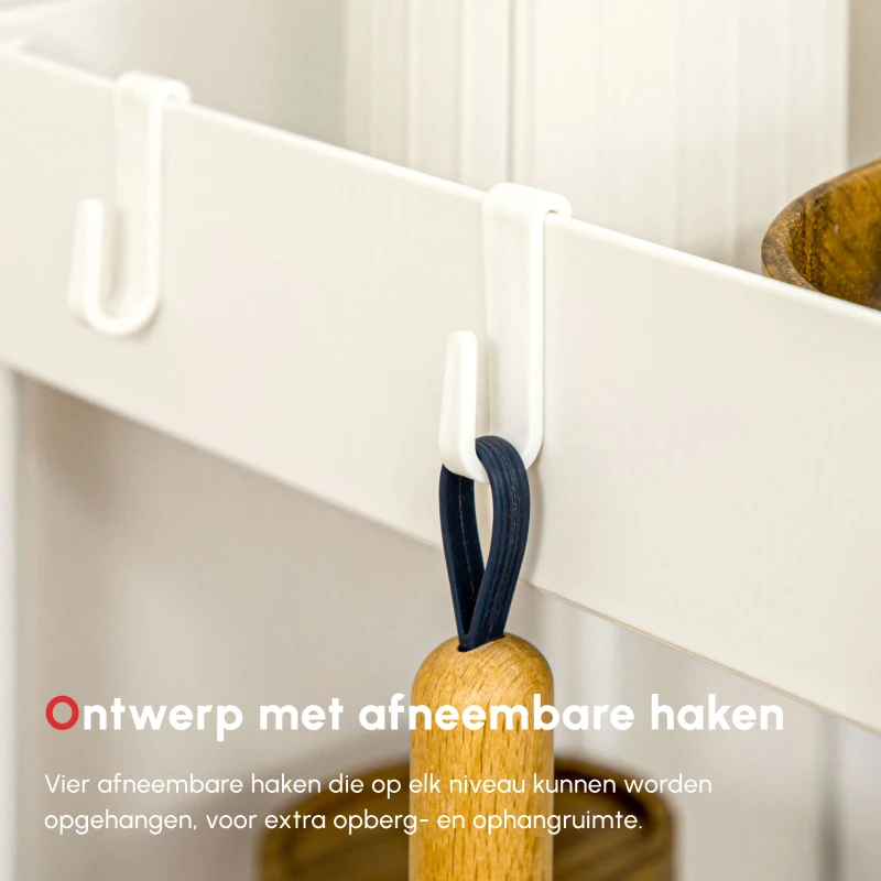 HOMCOM keukenwagen met 4 schappen, 3 flexibele haken, 4 wielen, 40 cm x 19 cm x 90 cm, wit