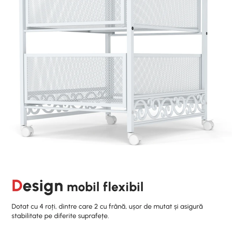 HOMCOM Cărucior de Depozitare pe Roți, Cărucior Utilitar Rulant cu 3 Tăvițe de Plasă pentru Camera de Zi, 34x29,5x57,5 cm, Alb