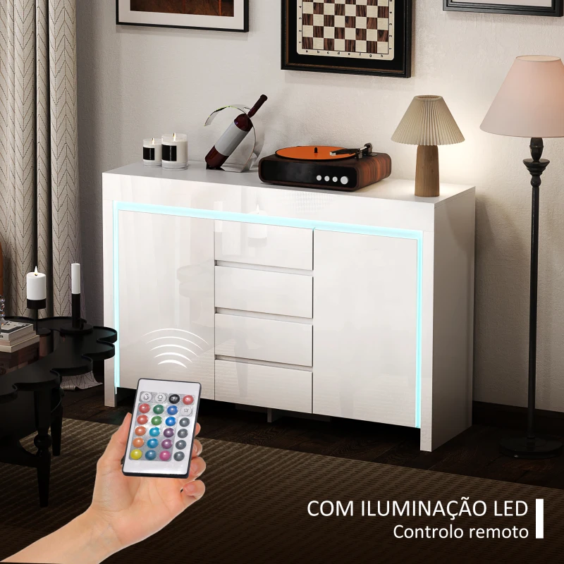 HOMCOM Aparador Sala de Estar com Luzes LED 4 Gavetas Prateleiras Ajustáveis e Controlo Remoto 120x34x80 cm Branco Brilhante