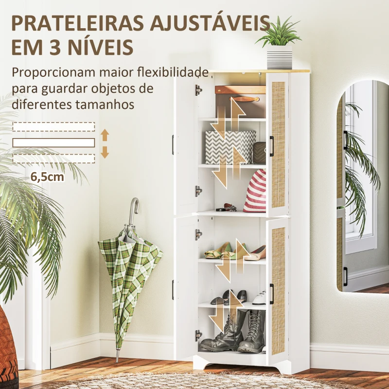 HOMCOM Armário de Cozinha com Prateleiras Ajustáveis Portas em Vime e Sistema Anti-Tombo 60x30x170 com Branco