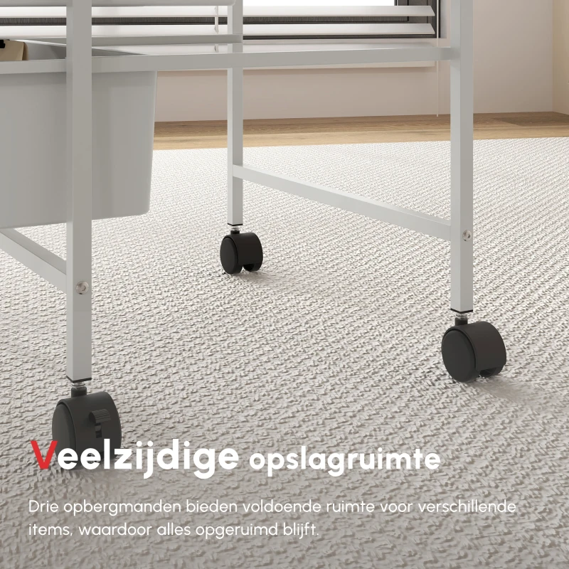 HOMCOM Bijzetwagen met Wielen, 3 Manden voor Transport en Opslag, Keukentrolley, 40,8L x 33,5B x 60,5H cm, Wit