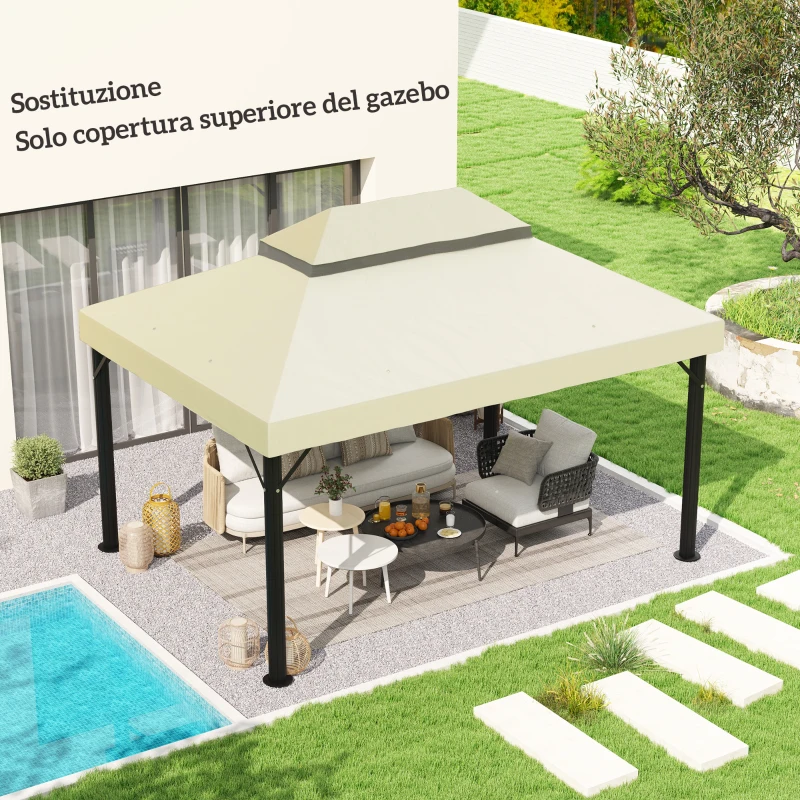 Outsunny Copertura per Gazebo da Giardino 3x4 m a 2 Livelli in Tessuto Oxford 600D con Fori di Drenaggio, Bianco Crema