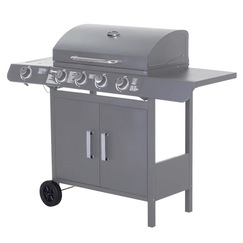 Outsunny 4+1 Burner Gas BBQ Grill, Outdoor Barbecue Trolley with Wheels, Warming Rack, Side Shelves, Cabinet, Thermometer for Garden, Party, Camping, 125 L x 51 W x 100 H cm, Grey