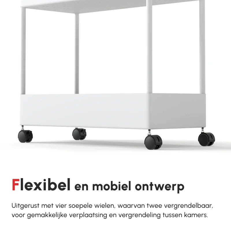 HOMCOM keukenwagen met 4 schappen, 3 flexibele haken, 4 wielen, 40 cm x 19 cm x 90 cm, wit