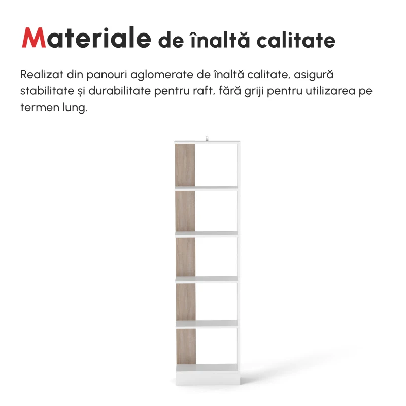 Homcom Raft Perete 5 Rafturi – Stejar & Alb, Design Modern pentru Camera(m-4)