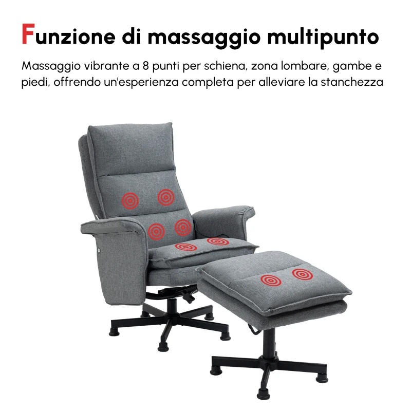 HOMCOM Poltrona Relax Massaggiante con Pouf e Telecomando, 8 Punti Massaggio e 5 Programmi, Grigio
