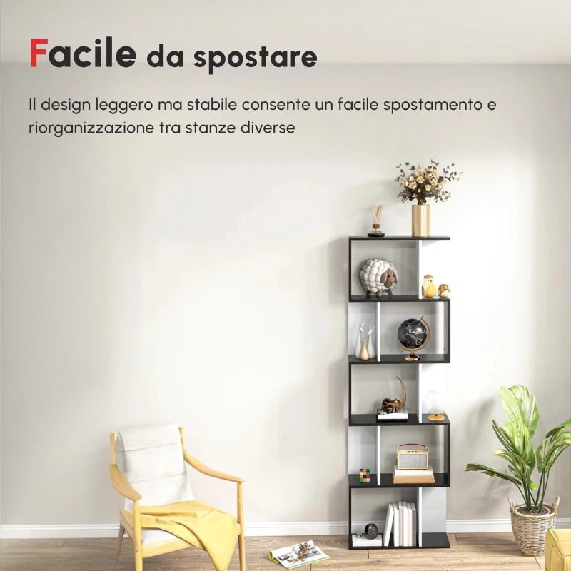 HOMCOM Mobile Libreria in Legno a 5 Ripiani con Divisorio, 60x24x184.5 cm, Bianco e Nero