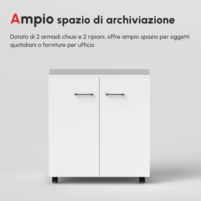 HOMCOM Mobile TV Moderno Multiuso in Legno con 4 Ruote e Freni, 2 Ante con 2 Ripiani, 60x35x65 cm, Bianco