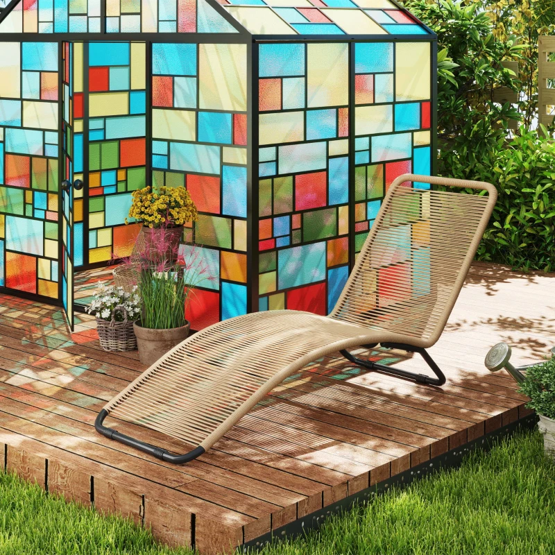 Outsunny Lettino Sdraio da Giardino a S in Rattan PE e Acciaio con Seduta Traspirante, 176x58x82 cm, Nero e color Legno