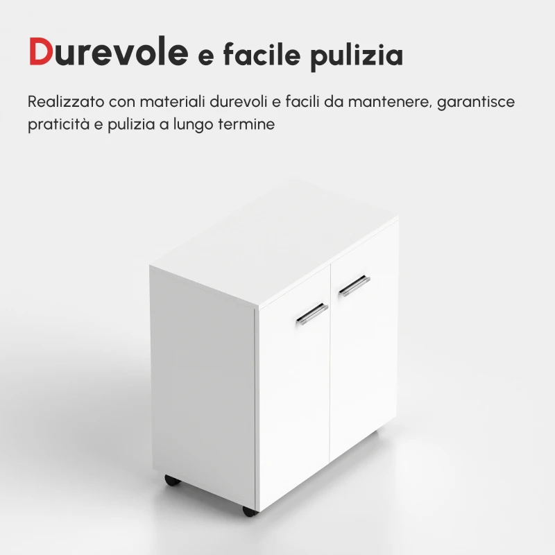 HOMCOM Mobile TV Moderno Multiuso in Legno con 4 Ruote e Freni, 2 Ante con 2 Ripiani, 60x35x65 cm, Bianco