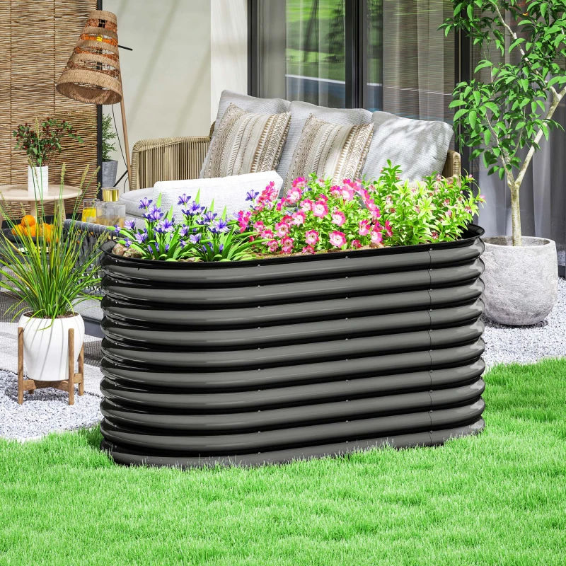 Outsunny Pflanzkübel, Metall-Blumenkübel mit Sicherheitskante und Handschuhen, offener Boden, 160B x 80T x 80H cm, Dunkelgrau