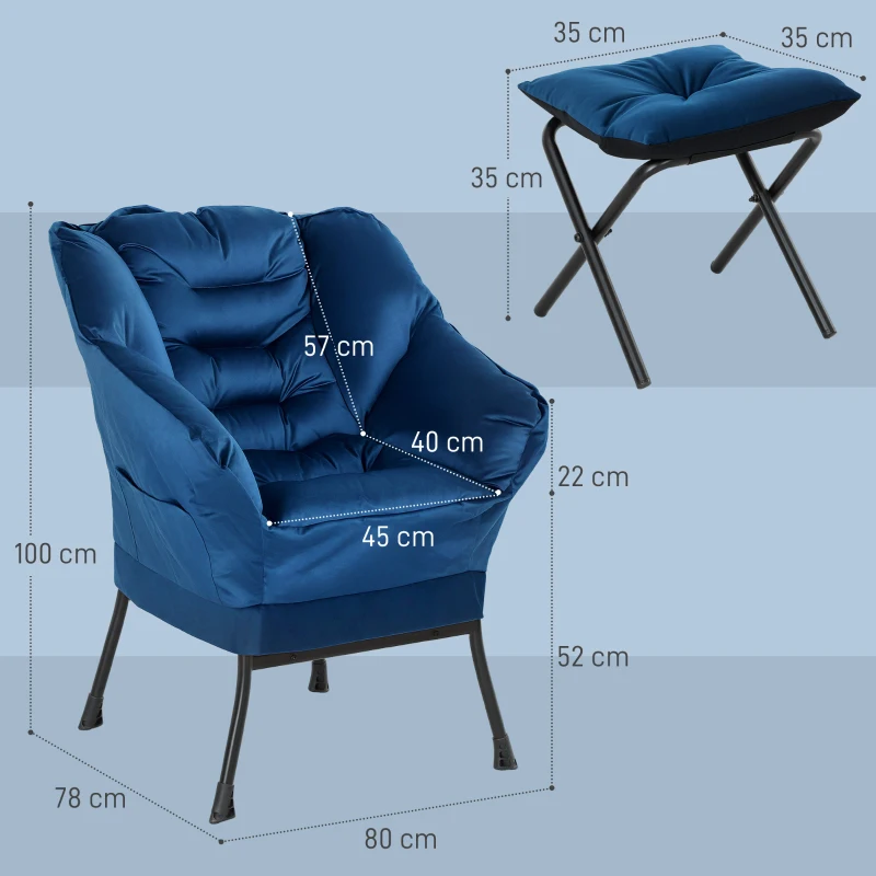 HOMCOM Sillón de Salón con Otomana Sillón de Relax con Bolsillos Laterales y Patas de Acero para Sala de Estar Dormitorio Azul