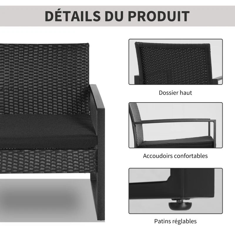 Outsunny Salon de jardin 2 places 3 pièces 2 chaises avec coussins + table basse plateau verre trempé résine tressée 4 fils imitation rotin noir